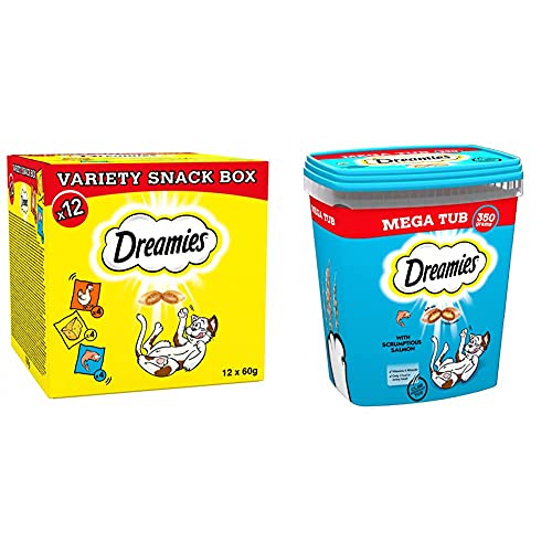 Image of Dreamies Cat Treats Variety Pack, snacks with chicken, salmon and cheese, 12 pouches of 60 g & Cat Treats, tasty snacks with delicious salmon, 1 x 350g tub