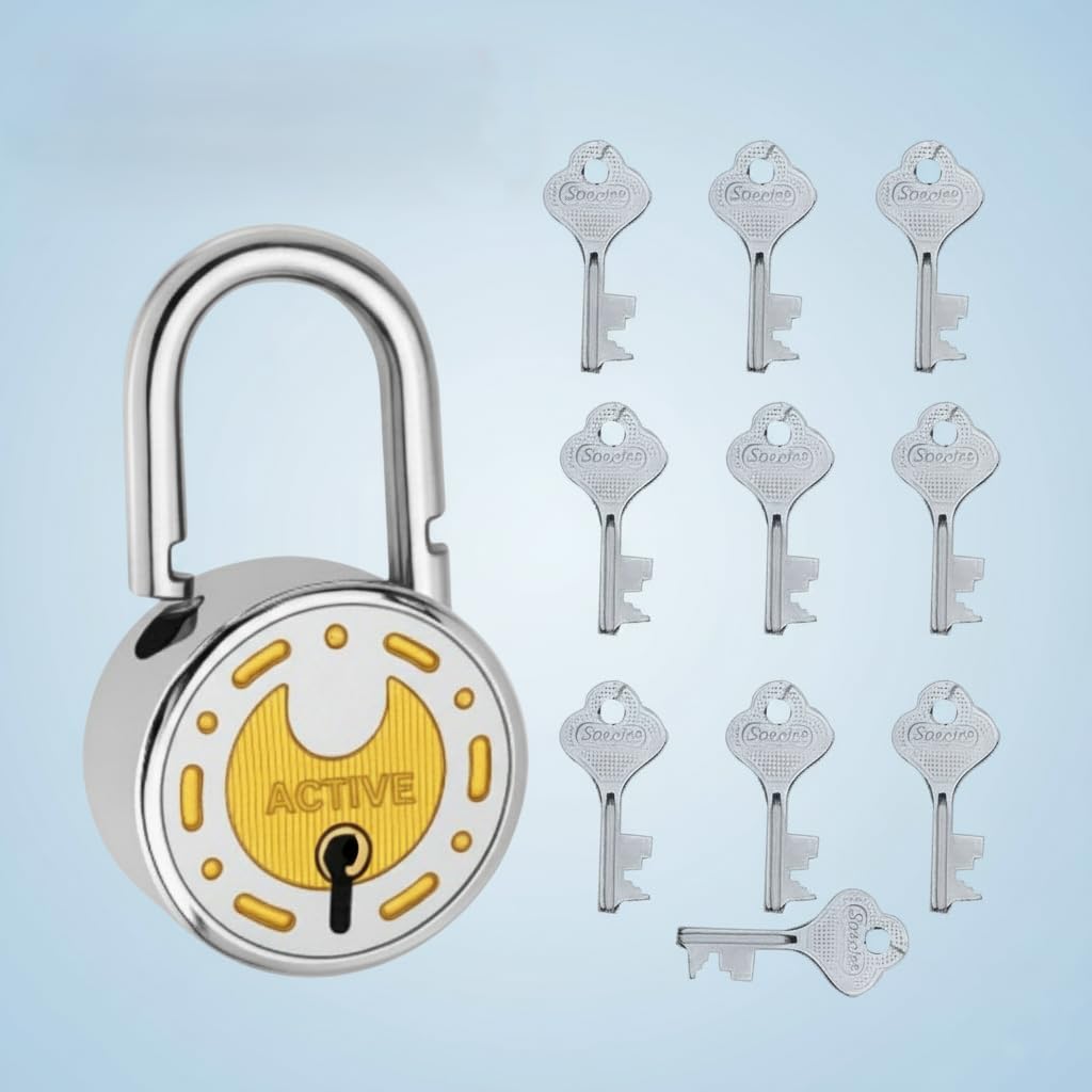 Active Silver Round Padlock 65mm 10 Keys 8 Levers Padlocks | Double Locking Heavy Shackle | Lock and Keys for Home Door Shutter Shop Office Main Gate | Black Gold Finish (Pack of 1)-image-42