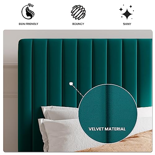 Image of SHA CERLIN King Upholstered Platform Bed Frame with Vertical Channel Tufted Velvet Fabric Adjustable Headboard, Wooden Slats Support, Mattress Foundation, Box Spring Optional, Teal