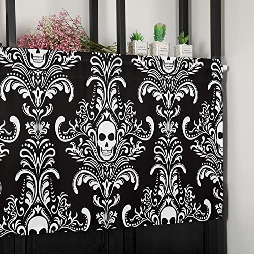 Litter Star Window Valance Rod Pocket Panel For Kitchen Bedroom Windows Halloween Scary Skull Skeleton Damask Flower Valances Short Curtain Bathroom Treatment Drapes Black And White Shadow #TOP6