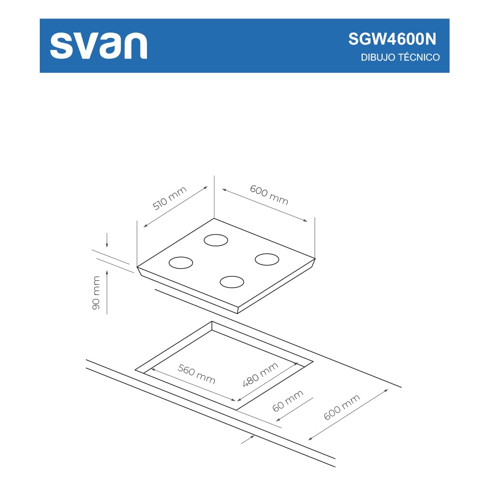 Svan Encimera de Gas Cristal Negro SGW4600N. Potencia máx. 7800 kW, 4 Quemadores, Quemador Wok Triple Llama, con Ignición Automática, Parrillas Forjadas, Incluye Kit de Conversión Gas Natural