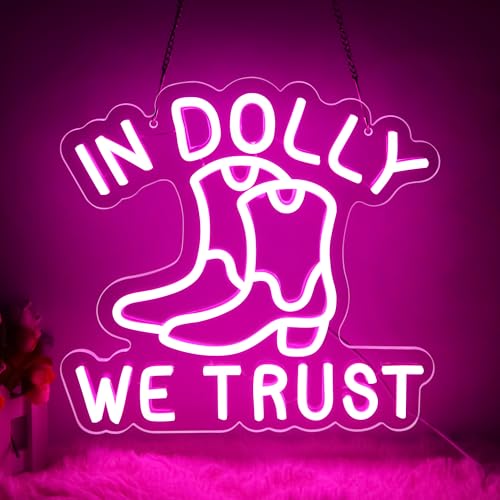 Image of In Dolly We Trust Neon Sign for Wall Decor Cowgirl Boots for Man Cave | Country Retro Style, Rustic Decoration for Home Party, Birthday Gifts for Women 12.2*11.6in