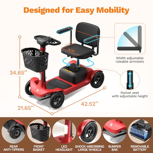 Glashow S1 Folding 4-Wheel Mobility Scooter for Seniors – 25-Mile Range, 6.2 mph, All-Terrain Electric Scooter with Adjustable Swivel Seat, 265 lb Capacity, Removable 24V 20Ah Battery – Red by Glashow - Image 7