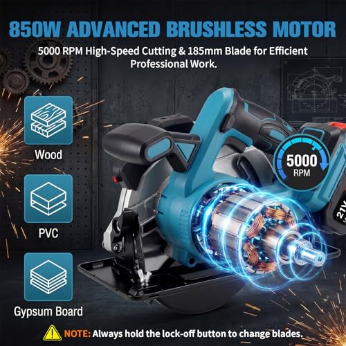 Akumulatorowa ręczna piła tarczowa 185 mm, kompatybilna z Makita 18 V – elektryczna piła tarczowa z wbudowaną prowadnicą laserową, silnik bezszczotkowy, 5000 obr./min, cięcie ukośne 0-45°, w zestawie