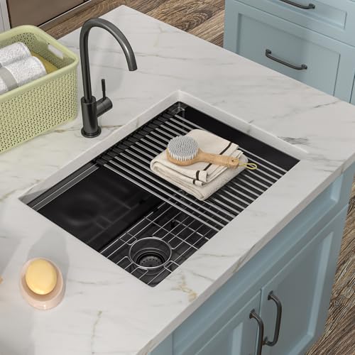 Image of 24 inchx18 inch Undermount Laundry Utility Sink Workstation - Gunmetal Black NANO-PVD, 16 Gauge 304 Stainless Steel, 12 Inch Deep Single Bowl Sink Basin for Laundry Room, RV or Utility Use