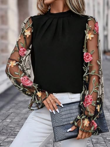 Floerns Women's Floral Embroidery Mesh Mock Neck Flare Long Sleeve Blouse Top4