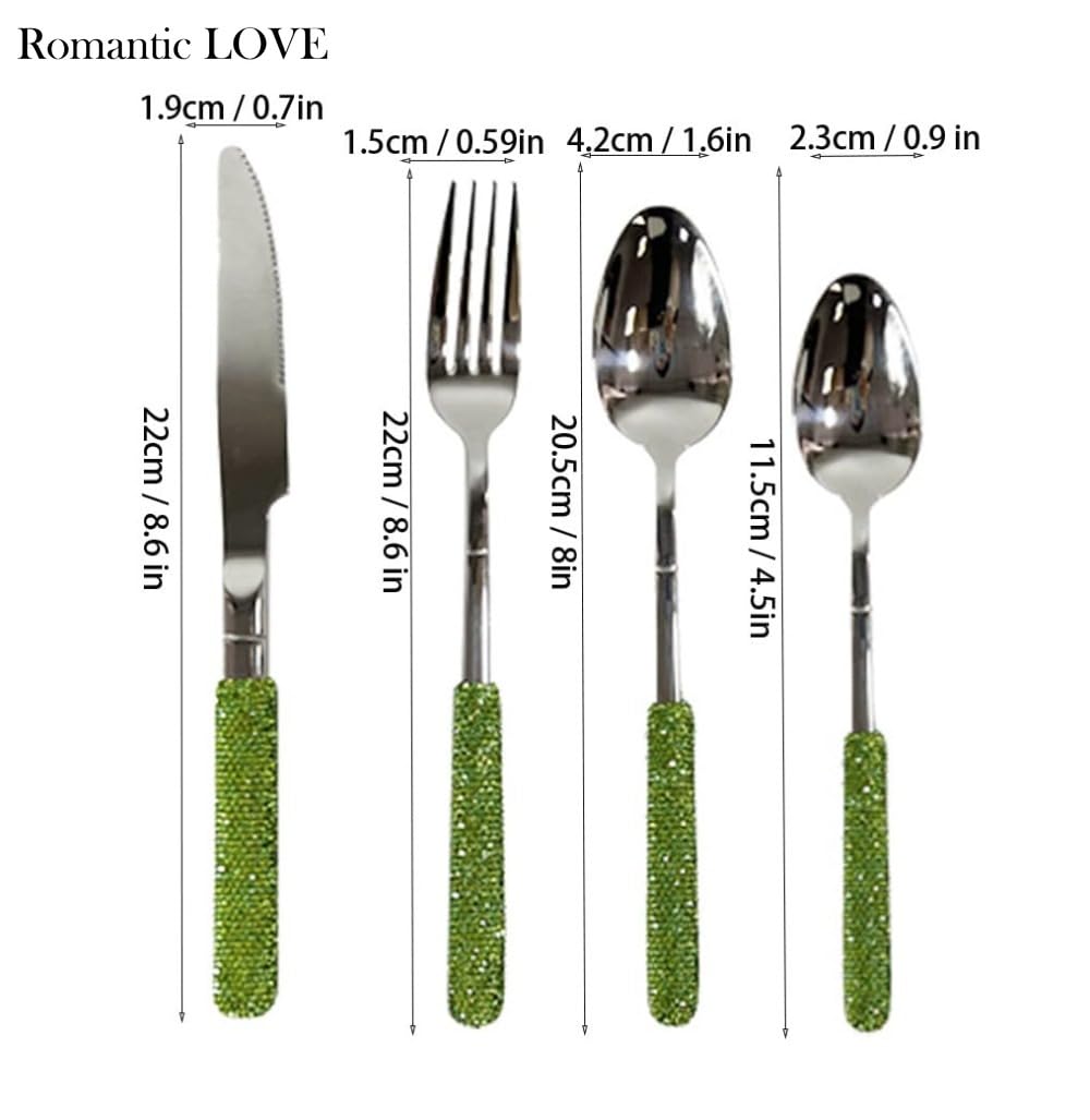 Romantic LOVE Lussuoso Set Di Posate in Acciaio Inossidabile Con Manico A Diamante Da 4 - Posate Esclusive Per Donna, Regali Di Compleanno, Regali Di Natale Per I Nuovi Arrivati (Verde)