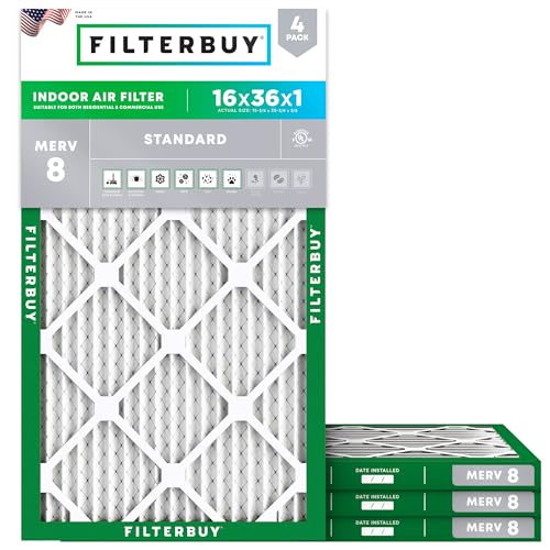 Filterbuy 16x36x1 Air Filter MERV 8 Essential Dust & Allergy Defense (4-Pack) Electrostatic Pleated HVAC AC Furnace Filters Replacement Made in USA (Actual Size: 15.75 x 35.75 x 0.75)