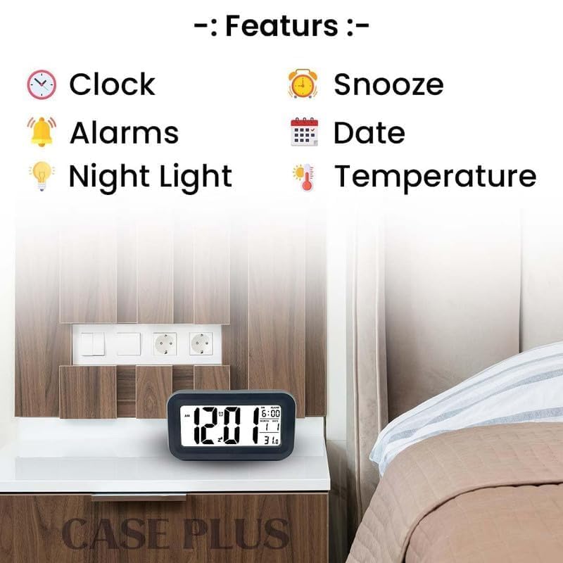 Image of Black Digital Alarm Clock with Automatic Sensor, Date & Temperature Display - Modern Table Clock for Students, Home, Office, and Corporate Use (Desk Alarm Clock)