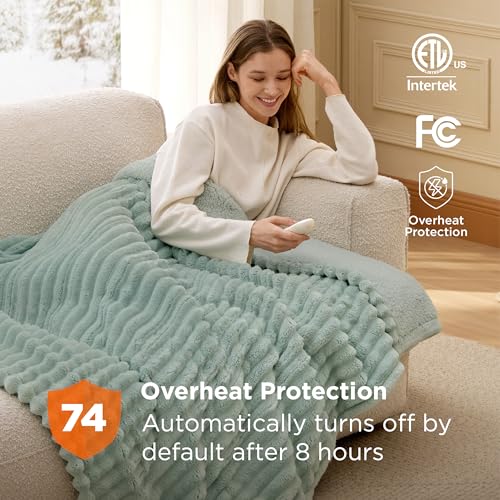 Image of Bedsure Electric Blanket Twin - Thick Striped Fast Heating Electric Blanket with Preheat Function, 6 Heat & 6 Timer (Up to 10H), 8H Auto Off, ETL Certified, Gifts for Grandma (62 inchx84 inch, Green)