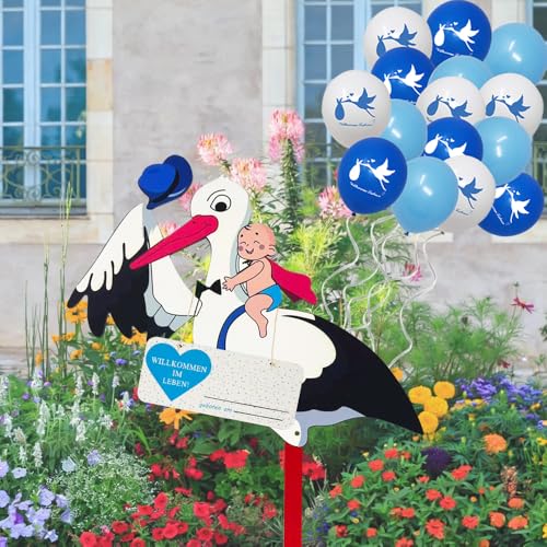 HuaMuDM Klapperstorch Set zur Geburt Baby 89 cm hoch Babystorch 15Pcs Neugeborene Balloon Geburt Babystorch für Draußen Holzstorch Zur Geburt Großer Storch aus Holz