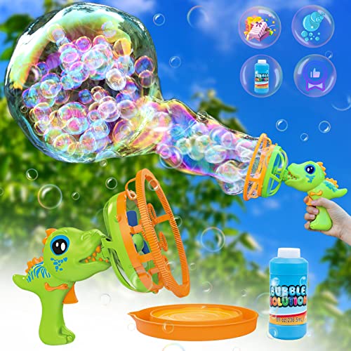 Bubble Gun Bubble Machine Dinosaur Bubble Blower Toy for Kids and Toddlers Bubble in Bubble Gun with 8 oz Bubble Solution for 3 4 5 6 7 8 Years Old Boys and Girls (Green 1)