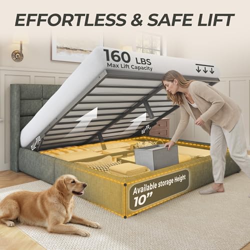 Image of HISOFT Queen Size Lift Up Storage Bed Frame, Linen Upholstered Platform Bed with Wingback Headboard, Heavy Duty Hydraulic Gas Lift Underbed Space, Reinforced Full Metal Slats, Noise Free, Grey
