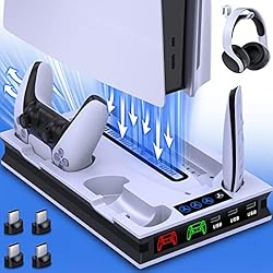 Gancho Para Ventilador Soporte para PS5, PS5 con Ventilador de 3 Niveles, Estación de Carga para Controlador PS5, Gancho para Auriculares, 4 Conectores USB C, Soporte para PS5 para Disco y Consola de Edición Digital