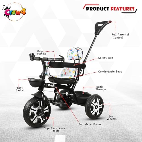Image of Tricycle 1 Years to 5 Years with Removable Safety Guard and Parental Control Back Side Push Handle with Rubber Tyre for Kid's CR07 (Black 3)