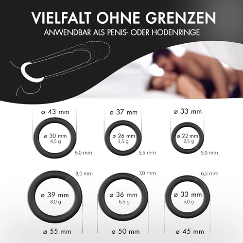 Liebesfreunde® Deluxe Penisring Set - 6 dehnbare Cockringe für härtere Erektionen, Penis- und Hodenringe für Männer - Perfekte Passform, Sex Spielzeug für Paare, schwarz