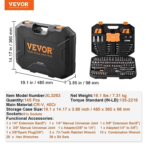Image of VEVOR Mechanics Tool Set and Socket Set, 1 /4 inch and 3 /8 inch Drive Deep and Standard Sockets, 145 Pcs SAE and Metric Mechanic Tool Kit with Bits, Combination Wrench, Hex Wrenches, Accessories, Storage Case