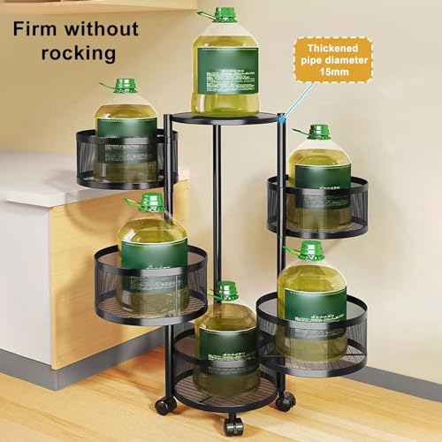 Rotating Fruit Basket for Kitchen, 5 Tier Circular Rotating Basket with Rolling Wheels and Top Lid, Kitchen Storage Cart, Fruit and Vegetable Metal Wire Shelf for Kitchen/Office/Bedroom Black Five L