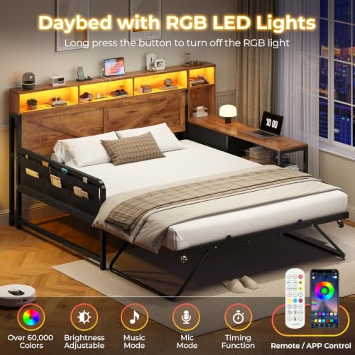 Image of MSmask Daybed with Trundle & 3 Storage Drawers, Full Size DayBed Frame with Headboard & Charging Station, Farmhouse Wooden Bed Frame with LED for Bedroom and Guest Room, Rustic Brown