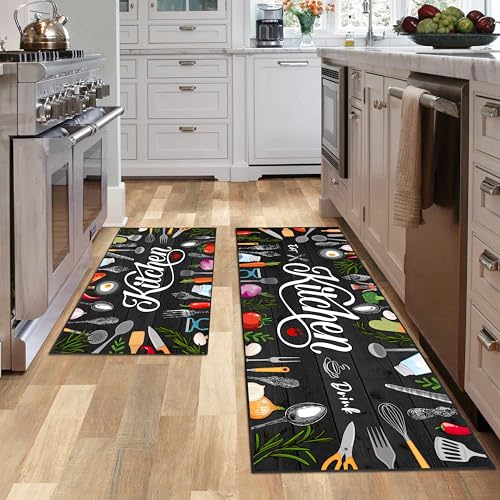 JWXCBIM 2 Pcs Farmhouse Kitchen Rug Set, Black and Colorful