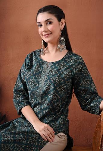 Image of Ichaa Women's Pure Cotton Embroidered Round-Neck Ethnic Kurta with 3 /4th Sleeve for Daily and Office Wear, in Plus Sizes