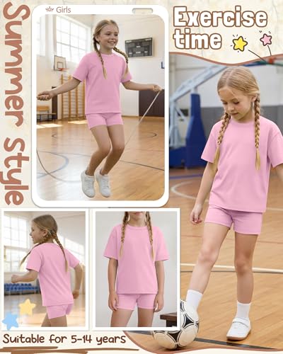Image of Oakgarden Summer Outfits for Girls 5-14Y Athletic Casual Sets Kid Short Sleeve Shirt Bike Shorts 2 Piece Tween Trendy Clothes