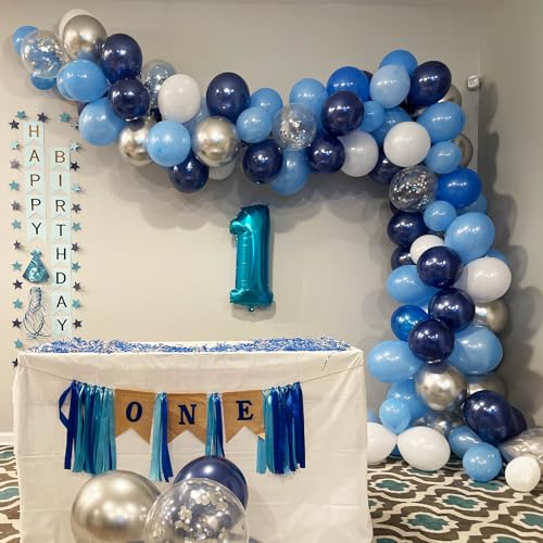 Image of Blue Silver Balloons Set, 12 Inch Blue and Silver Balloons Dark Navy and Confetti Party Latex Balloon, Macaron Metallic Baby Blue Mixed Balloon for Birthday Graduation Baby Shower Wedding Retirement