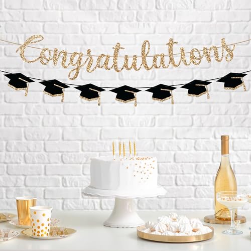 Image of Pre-Strung Congratulations Banner, Gold Glitter Grad Caps Graduation Banner
