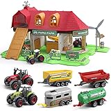 Oriate Toy Barn Farm House with Tiny Farm Animals, Included 2 Tractors & 4 Trailer - Farm Barn Toys