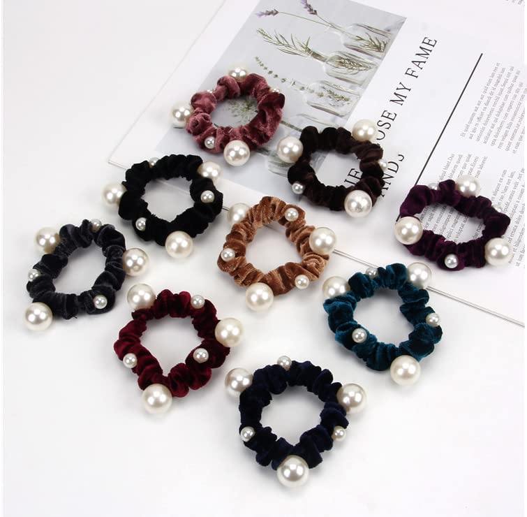 Lot De 10 Chouchous En Velours Avec Perles - Élastiques à Cheveux Décoratifs