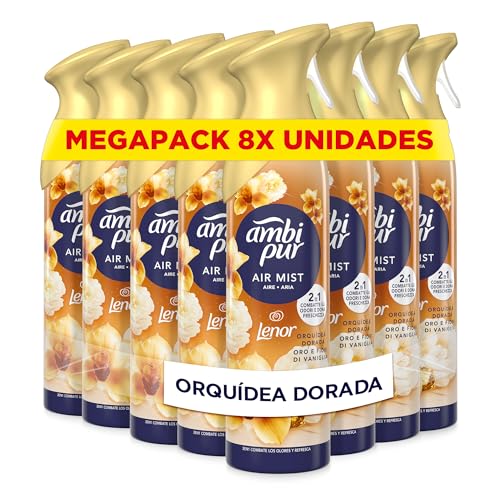 Ambipur Orquídea Dorada Ambientador En Spray 185ml x 8, Con Una Fragancia El Doble De Duradera Que Elimina Olores Y Deja Un Aroma Fresco Y Ligero