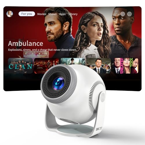 Mini Beamer, Projektor, Mini Projector 1080P Full HD, 480 ANSI Lumen, Android 14 System, 8K Dekodierung, WiFi 6 Bluetooth 5.4, Automatische Trapezkorrektur, 180° Drehbar, Beamer 4K Heimkino