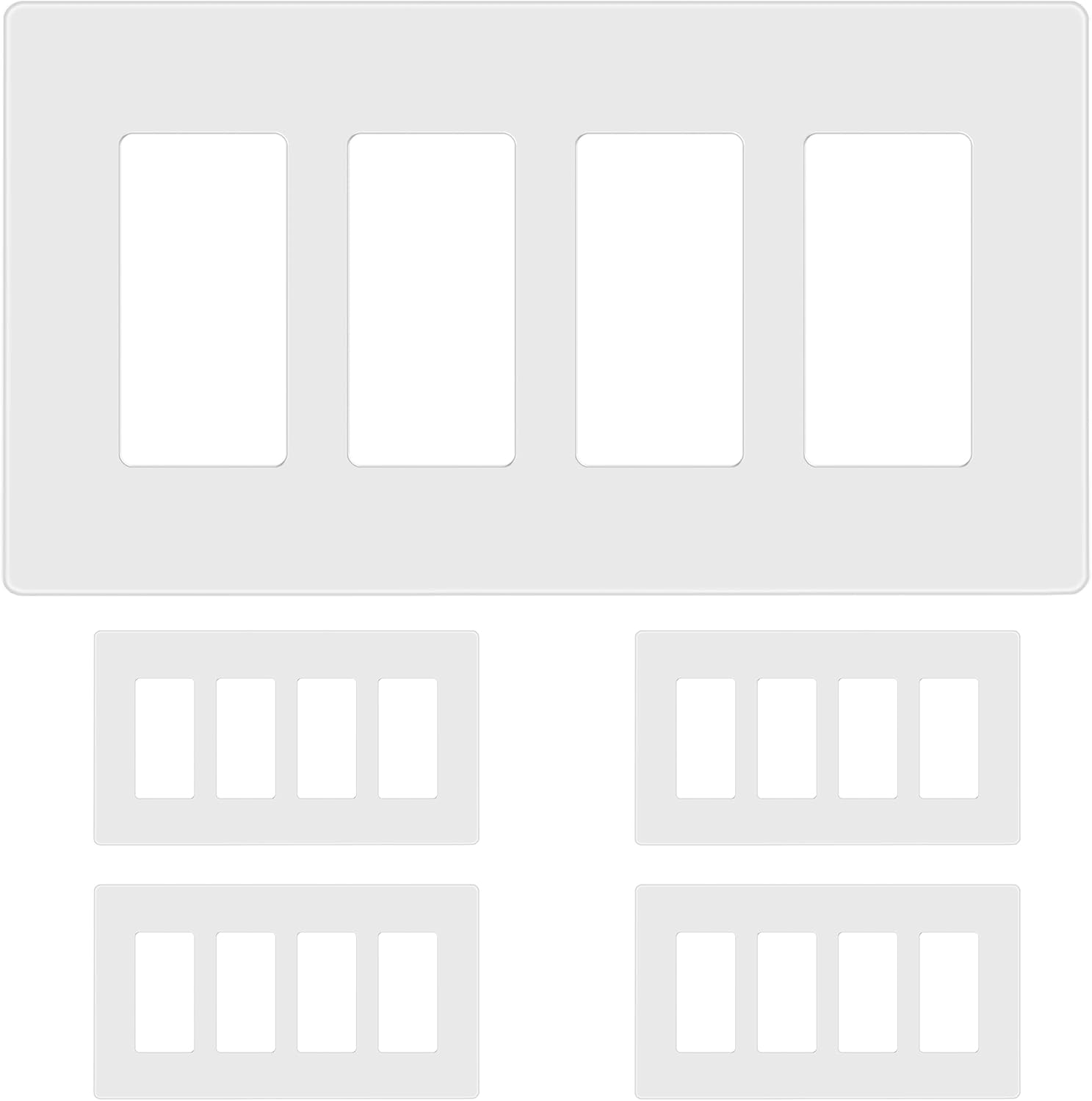 TG Screwless Decorator Wall Plates Child Safe Outlet Covers, Size 4-Gang 4.50" H x 8.10" L, Unbreakable Polycarbonate Thermoplastic, UL Listed, Glossy, White (5 Pack)