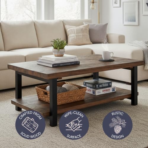 Image of Alaterre Furniture Pomona Solid Wood Coffee Table, Rustic Brown, 48 inch | Large Rectangular Center Table with Storage Shelf and Metal Legs, Rustic Industrial Farmhouse Living Room Table