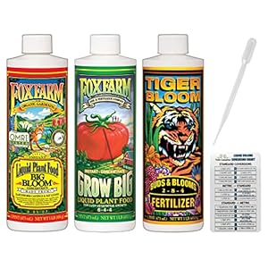 Fox Farm Liquid Plant Fertilizer: Big Bloom, Grow Big, Tiger Bloom (Pack of 3-16 oz. Bottles) 1 Pint Each + Twin Canaries Chart & Pipette