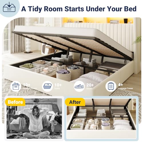 Image of Allewie King Size Lift Up Storage LED Bed Frame, Charging Station, Cream