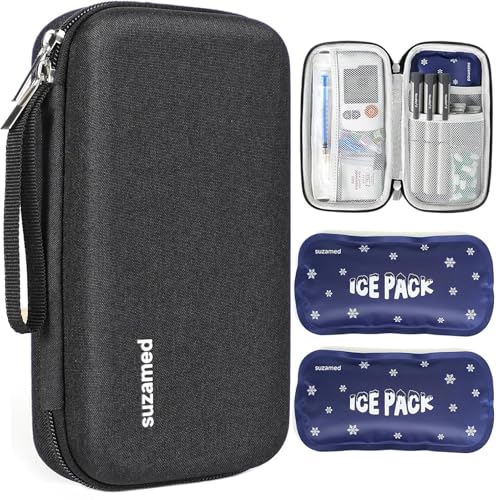 suzamed Insulin Cooler Travel Case EVA Insulation Travel Medicine Kit with 2 Ice Packs for Diabetes Care Insulin Pen and Other Diabetic Supplies (Black)