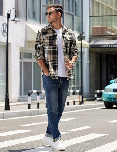Image of COOFANDY Mens Flannel Shirts Long Sleeve Plaid Shirt Jacket Button Down Shirt with Pockets