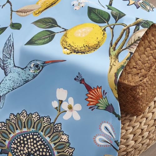 Image of Vintage Floral Curtains 90 Inches Long for Living Room Bedroom Luxury Whimsical Lemon Hummingbird Patterned Waverly Mid Century Colorful Pinch Pleated Blackout Drapes 2 Panels，Light Blue