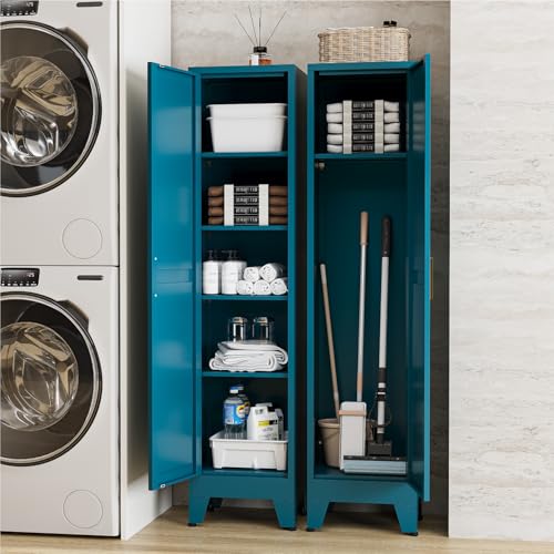 Image of 67 inch Tall Storage Cabinet with Reversible Doors and Adjustable Shelves,Metal Slim Freestanding Cabinet for Bathroom Kitchen Garage Small Spaces,Blue,5-Tier 1 Pack