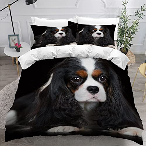 3D Chien de compagnie Housse de Couette 140x200cm,Chien Cavalier King Charles Spaniel Parure de Lit,Noir Animal Chien Housse Couette Enfants Garçon Fille 1 personne ,2 Taies d'Oreillers 50x75cm Cover