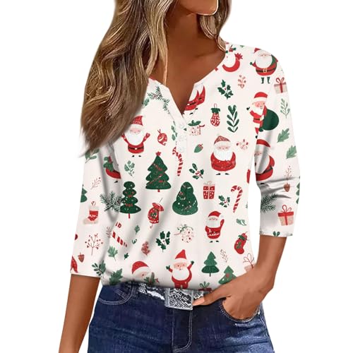 Image of Women Christmas Shirt 3 /4 Length Sleeve Henley Tops Xmas Outfits