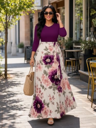 Image of Plus Size Maxi Dress for Women V Neck 3 /4 Sleeve Wrap Dress