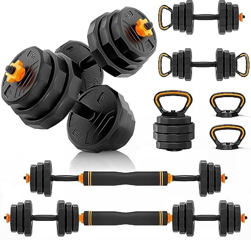 HTK Adjustable Weight Dumbbell Set – 4 in 1 Free Weight Set with Connector – Dumbbells, Barbells, Kettlebells, Push-Up Bars for Full Body Workout and Muscle Toning