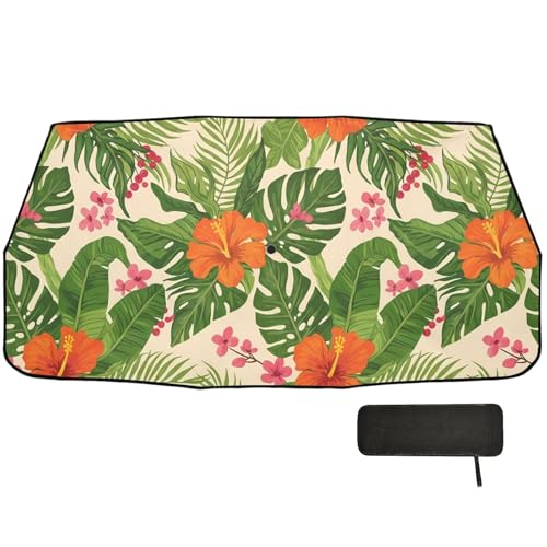 Kagirah Tropical Flower Pattern Windshield Sun Shade Umbrella, Foldable Car Windshield Sun Shade Cover for Car Truck SUV, Black Sunscreen Coating, 58 x 29.7in