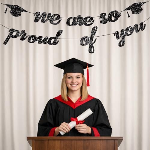 Image of Graduation Decorations 2026 2027 | Pre-Strung Class of 2026 Graduation Banner, Black Glitter We are So Proud of You Grad Banner for Graduations Party Decorations Favors Supplies School Home Car Decorations