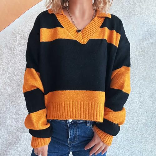 Women's Fashion Color Block Crop Sweater, Long Sleeve V-Neck Knit Casual Pullover Loose Comfy Daily Sweaters2