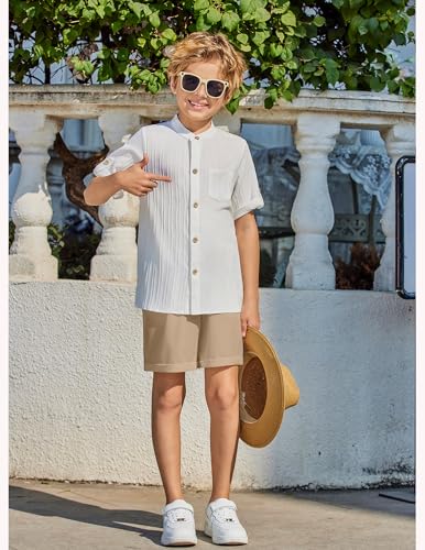 Image of Arshiner Boy's 2 Piece Beach Outfit Short Sleeve Textured Button Down Shirt and Short Sets Summer Vacation Wear 4-12 Years