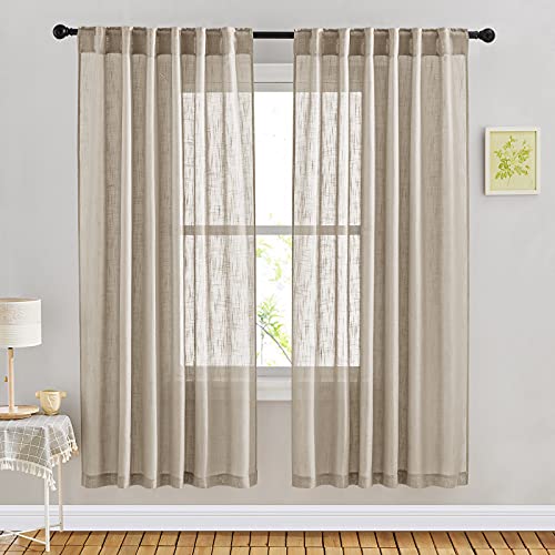 NICETOWN Privacy Linen Sheer Curtains, Rod Pocket & Back Tab Elegant Vertical Drapes Semi Sheer Soft Panels with 72 Inches Long for Bedroom/Nursery, 2 Panels=104" Wide, Taupe, Set of 2