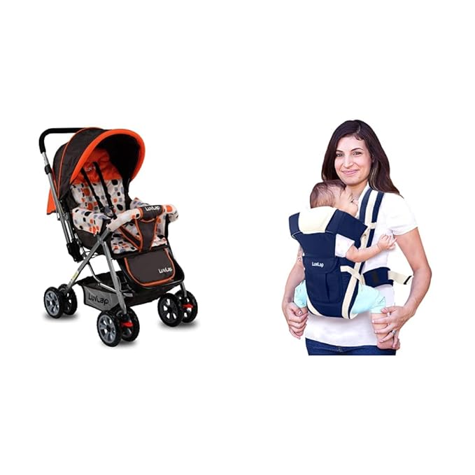 Sunshine Stroller/Pram, Easy Fold, for Newborn Baby/Kids, 0-3 Years (Orange) & LuvLap Elegant Baby Carrier with 4 Carry Positions, for 4 to 24 Months Baby, Max Weight Up to 15 Kgs (Dark Blue)